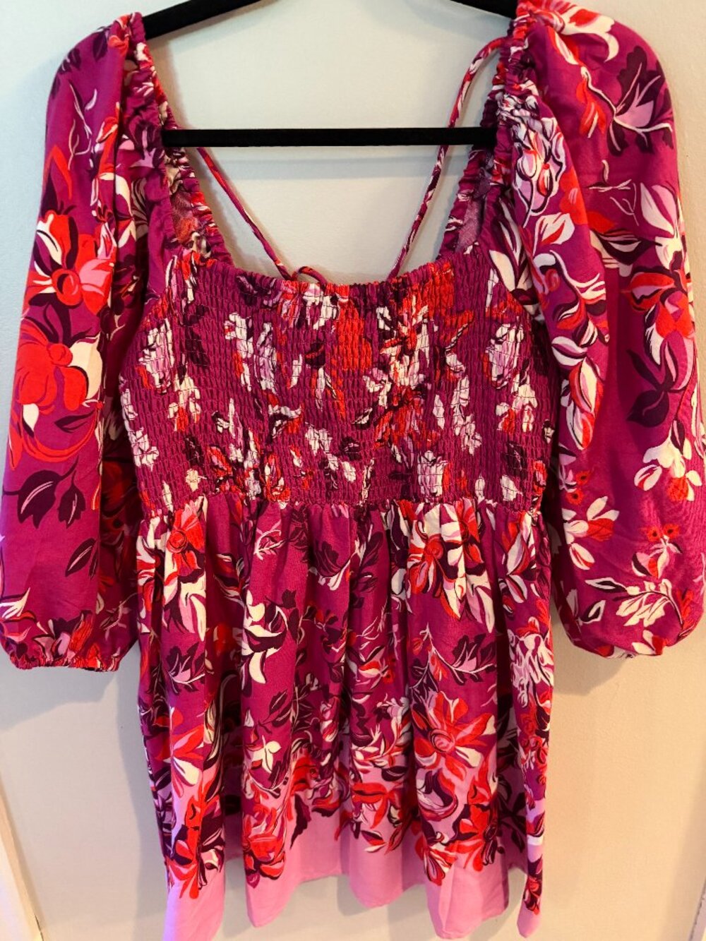 NWOT Anthropologie Smocked Puff Sleeve Floral Babydoll Mini Dress Magenta XS